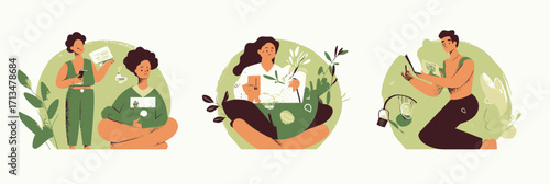 Group of diverse people engaging in sustainable activities with plants and technology in circular eco concept flat vector illustration