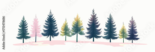 Minimalist flat vector illustration of pine tree forest landscape with varied green and pink conifer trees isolated on white background for nature and environment concept