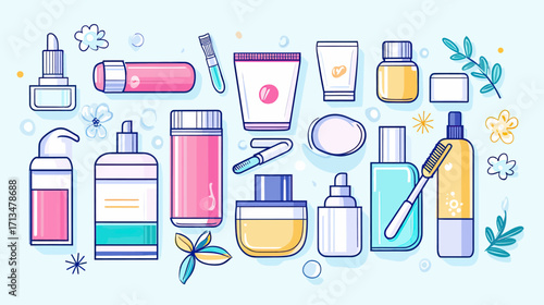 Flat vector illustration of diverse skin care cosmetic bottles and containers including moisturizer, serum, spray, cream jars, and applicators with floral accents in minimalist style