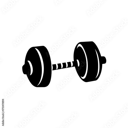 Black and white dumbbell vector icon with round weight plates and textured grip handle fitness equipment illustration for strength training and gym workout design