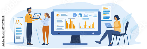 Business team analyzing data analytics dashboard on large monitor and collaborating on financial reports with laptops and tablets in modern office setting vector illustration