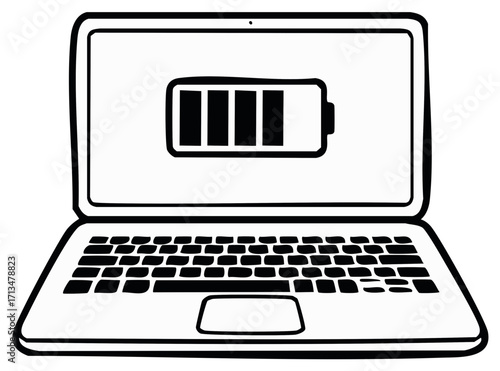 Doodle style Laptop with full Battery symbol on the screen and QWERTY style keyboard