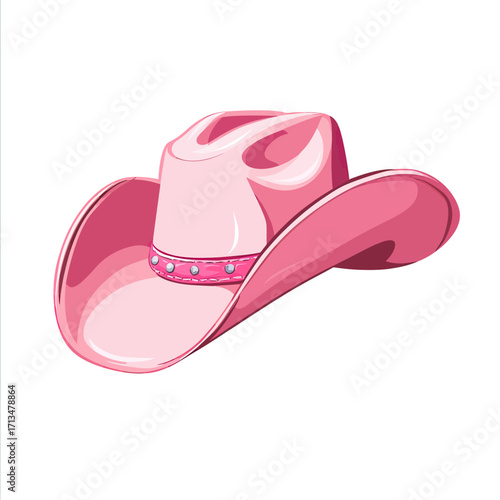 Pink cowboy hat with decorative band and studs isolated on white background, western style accessory for women, illustration vector