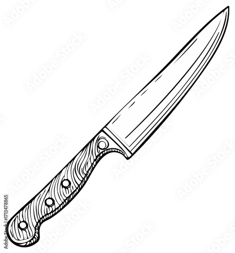 Hand-drawn illustration of a single sharp kitchen knife with a detailed wooden handle.