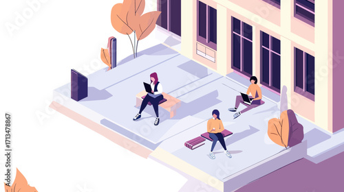 Isometric outdoor college campus students studying with laptops and books on benches and ground in flat minimalist style education concept