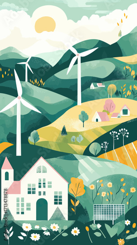Sustainable rural landscape with wind turbines solar panel green energy farm environmental conservation renewable resources flat vector illustration