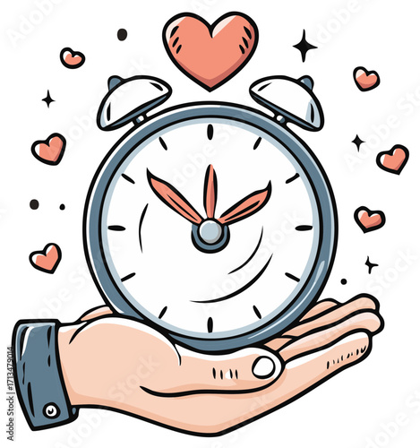 Alarm clock with heart on the hand, time management, deadline concept, cartoon illustration, vector