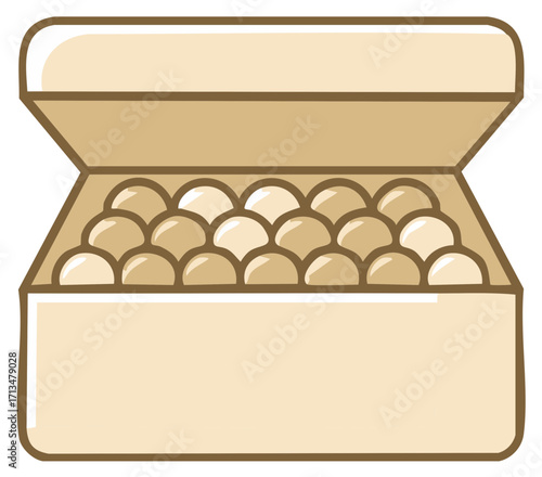 Cartoon vector illustration of fresh eggs in an open cardboard carton