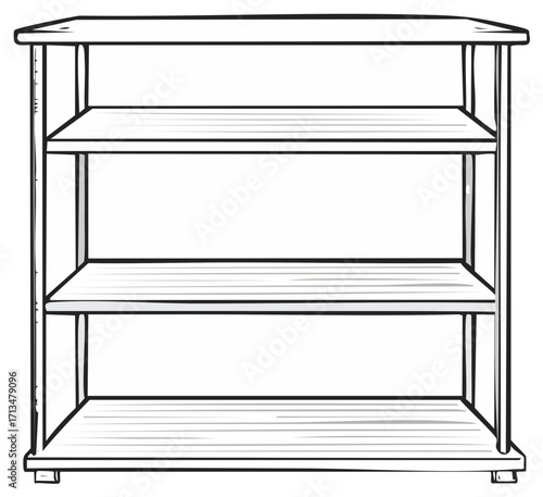 Hand drawn doodle style empty wooden three tier shelf illustration for display storage and organization