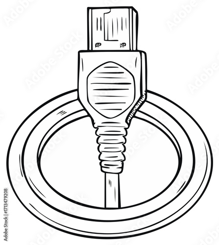Illustration of coiled HDMI cable with connector head for transmission of high definition video signal