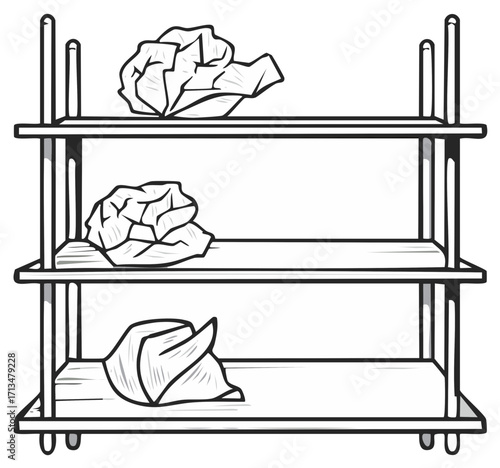 Shelving Unit with Stacked and Crumpled Textile Goods, Clean Storage