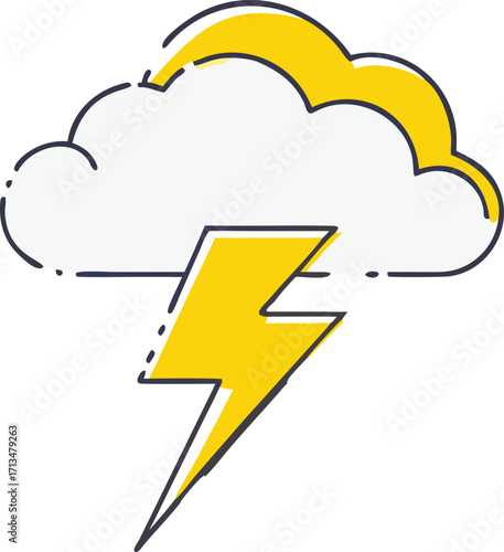Bright yellow lightning bolt emerging from a fluffy white cloud icon vector