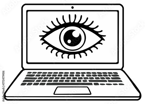 Stylized Eye Illustration on Laptop Screen Representing Digital Surveillance and Online Privacy Monitoring