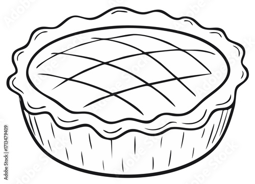Black and white line art illustration of a pie with a lattice crust for a coloring book