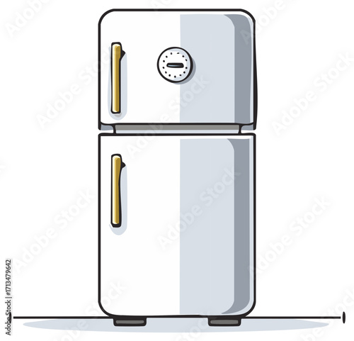 Cartoon retro refrigerator with freezer compartment and temperature dial
