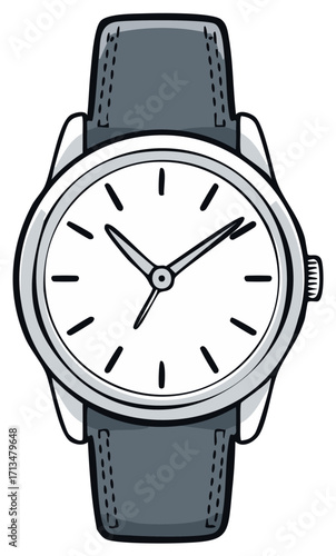 Wristwatch Illustration Showing the Time, with Watch Face and Leather Strap, Isolated