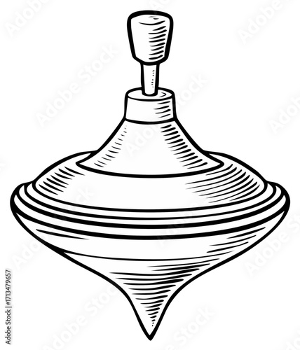 Vintage spinning top toy in a classic black and white hand drawn sketch illustration