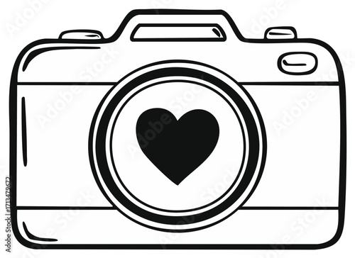 Line art illustration of a photo camera with a heart symbol in the lens for love of photography concept