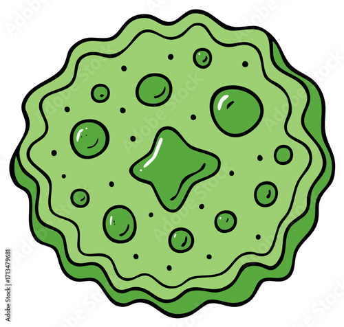 Cartoon Green Seaweed Microbe with Blobs and Bumps Unique Form Organism Roundish Shape with Wavy Edges
