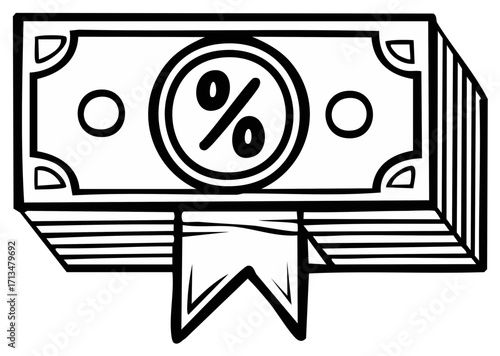 Hand drawn illustration of a stack of money with a percentage sign and a ribbon
