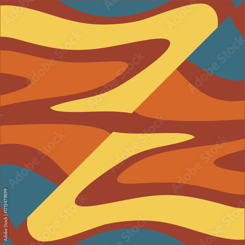 A Retro-Inspired Abstract Pattern Featuring Swirling Organic Shapes in Warm Earthy Tones and Teal Accents.