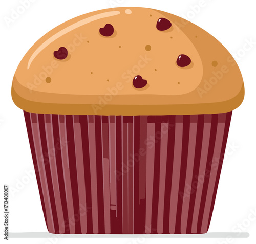 Delicious chocolate chip muffin with burgundy wrapping is mouth watering treat.