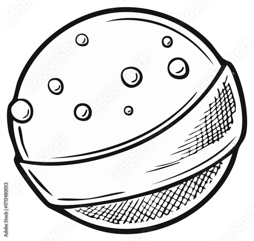 Stylized drawing of a planet with craters and a ring