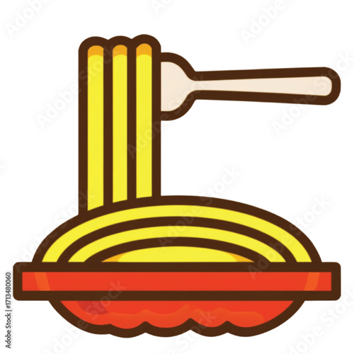 A colorful illustration of a plate of spaghetti with a fork, ready to eat.