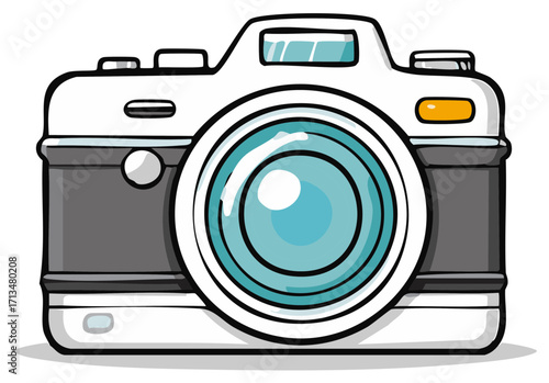 Digital illustration of a classic vintage style photographic camera with prominent blue lens