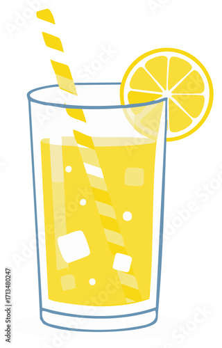 Refreshing yellow lemonade in a tall glass with ice cubes a striped straw and lemon slice garnish