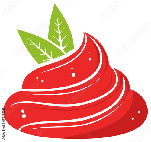 Fresh red tomato sauce or berry puree dollop with herb leaves graphic icon