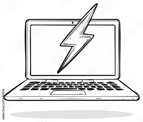 Laptop computer with lightning bolt on screen showing power energy technology and fast performance
