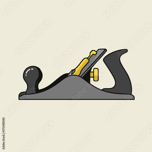 A detailed illustration of a hand plane, a woodworking tool, used for shaping and smoothing wood surfaces with precision and accuracy.