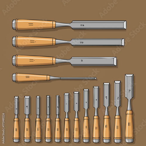 A detailed illustration showcases a collection of various wood chisels, essential tools for woodworking and carpentry projects.