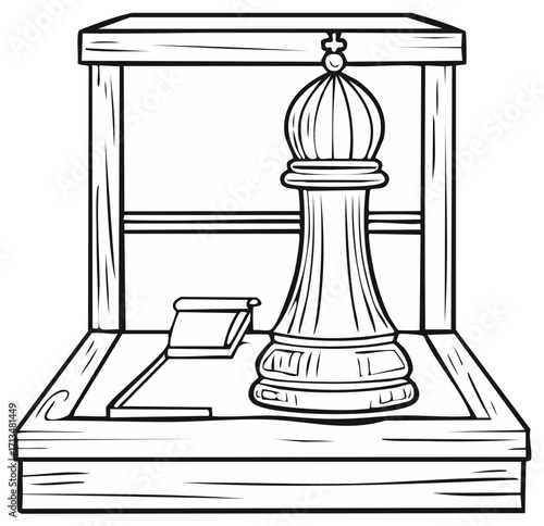 Contour illustration of a bishop chess piece inside of a display box with stand