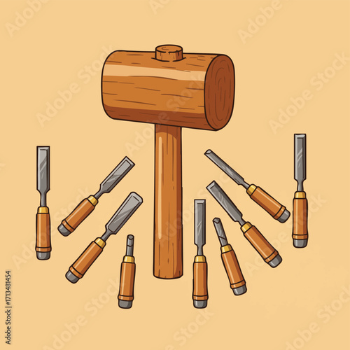 A cartoon illustration featuring a wooden mallet and various chisels, representing carpentry and woodworking tools on a tan background.