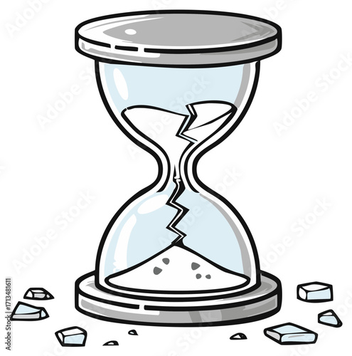 Shattered Glass Hourglass with Sand Leakage, Representing Time Running Out and the Fragility of Timelines