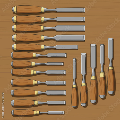 A collection of sharp wood chisels with wooden handles, neatly arranged on a timber background, essential for woodworking and carving projects.