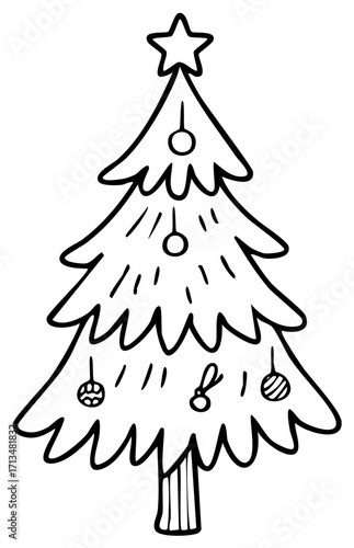 Hand Drawn Christmas Tree Decorated with Ornaments, Star, and Tinsel for Holiday Season Coloring Page