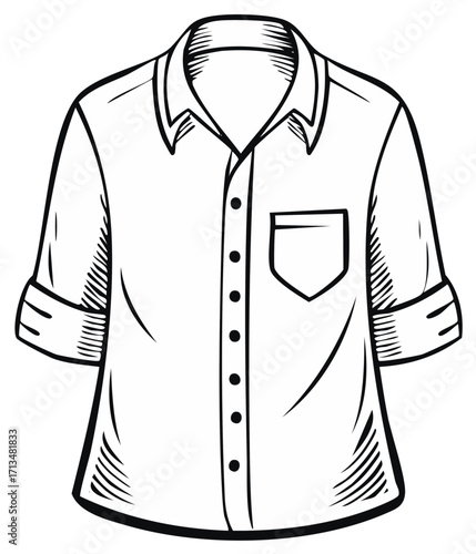 Rolled Sleeve Shirt Line Art, Casual Wear, Button Down Fashion Apparel