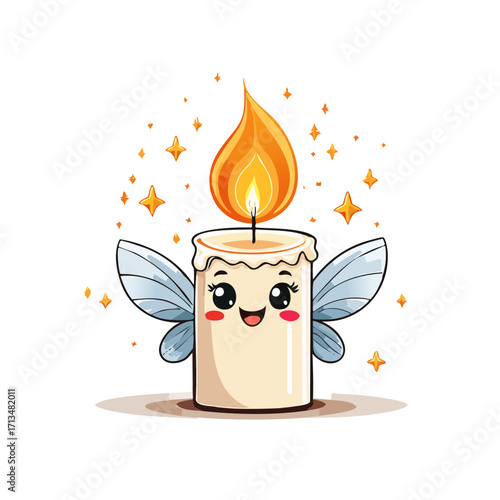 Whimsical illustration of a charming lit candle character with tiny wings and a joyful expression, surrounded by sparkling stars, evoking warmth and magic