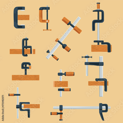 A vibrant vector illustration showcasing a diverse collection of essential woodworking and construction clamps, ideal for securing materials during various DIY projects.