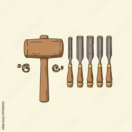An expertly drawn illustration displaying a sturdy wooden mallet and a complete set of sharp chisels, symbolizing the precision and skill of traditional woodworking.