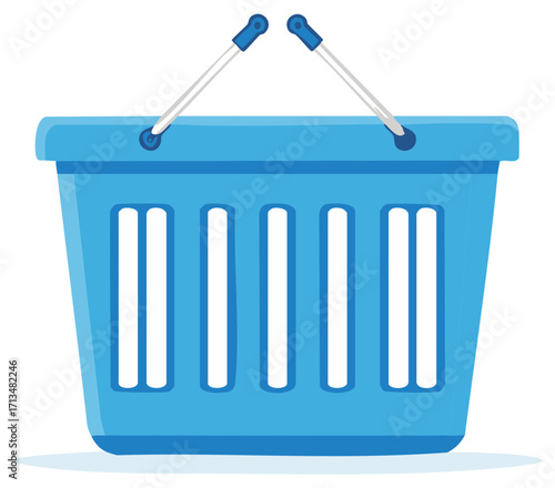 Blue shopping basket illustration of a plastic container with handles and vertical slots isolated for grocery store purchase of products