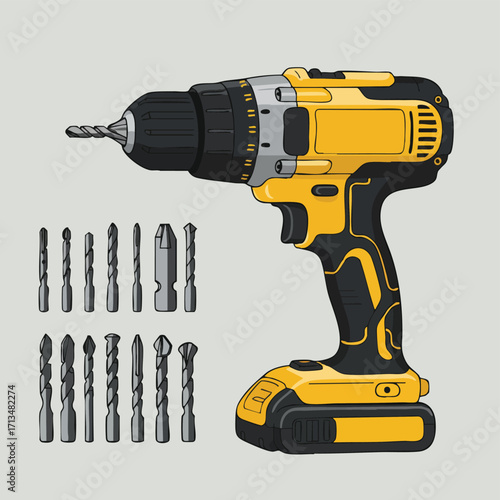 A vibrant yellow and black cordless drill stands ready for action, accompanied by an assortment of sharp, specialized drill bits for various tasks.