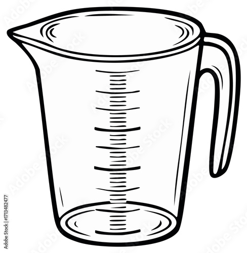 Line drawing of a measuring jug with handle, and capacity markings.