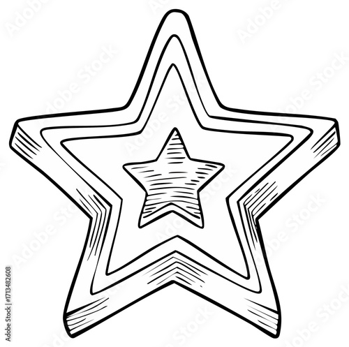 A concentric three dimensional star shape icon drawn in a black and white sketch style