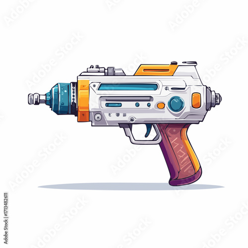 Vibrant vector illustration of a futuristic sci-fi ray gun, featuring a sleek retro design with intricate mechanical elements and glowing energy components, perfect for technology themes