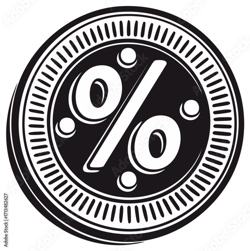 Black and white percentage symbol on a circular coin-like shape