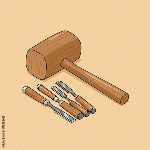 An essential collection of traditional wooden hand tools, including a sturdy mallet and various sharp chisels, perfectly arranged for intricate woodworking projects.